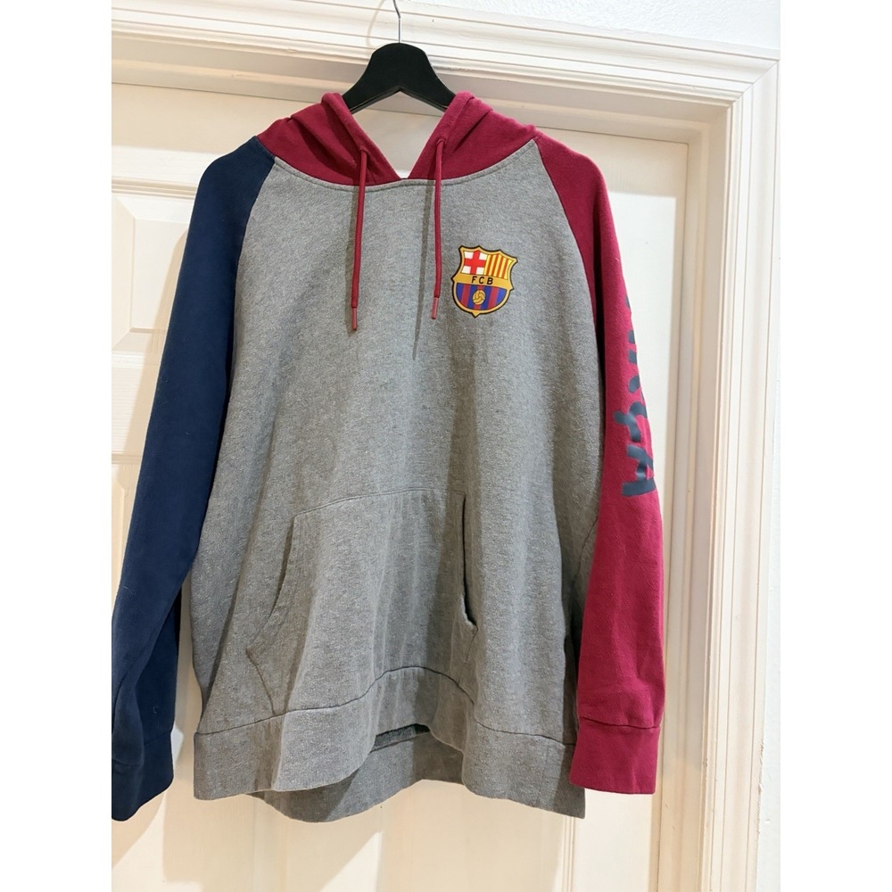 FC Barcelona Barca Pullover Hoodie Men XL Gray Red Blue Colorblock Sweatshirt
